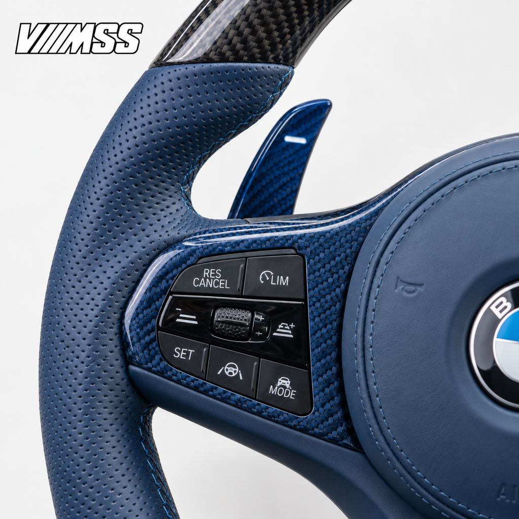BMW G-Series Blue Leather & Carbon Fibre LED Steering Wheel — Buttons and visible paddle detail; VMSS studio close-up