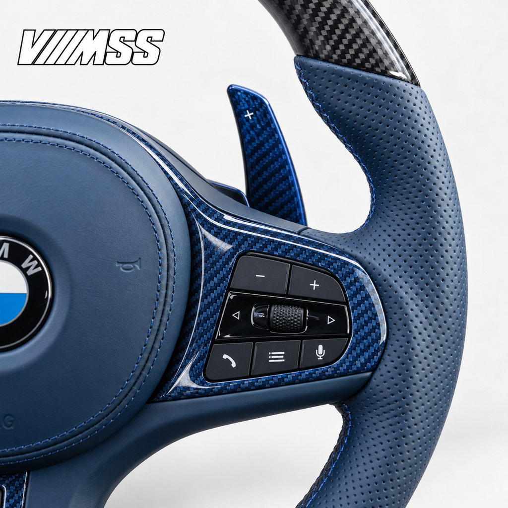 BMW G-Series Blue Leather & Carbon Fibre LED Steering Wheel — Grip, stitching and right control detail; VMSS studio close-up