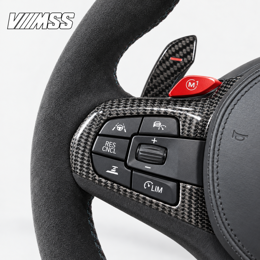 BMW G-Series Full Alcantara — Carbon Trim Steering Wheel — Buttons and visible paddle detail; VMSS studio close-up