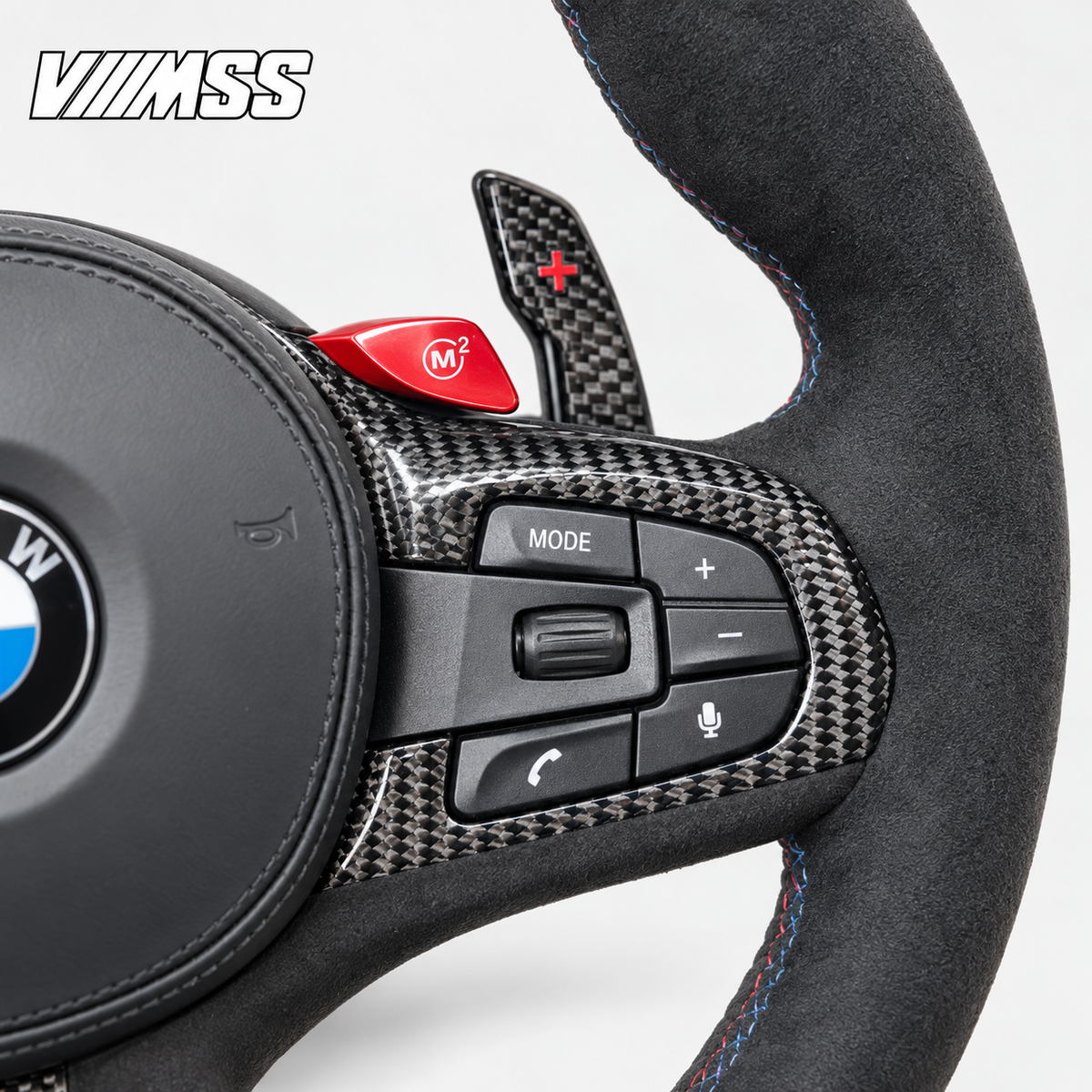 BMW G-Series Full Alcantara — Carbon Trim Steering Wheel — Grip, stitching and right control detail; VMSS studio close-up