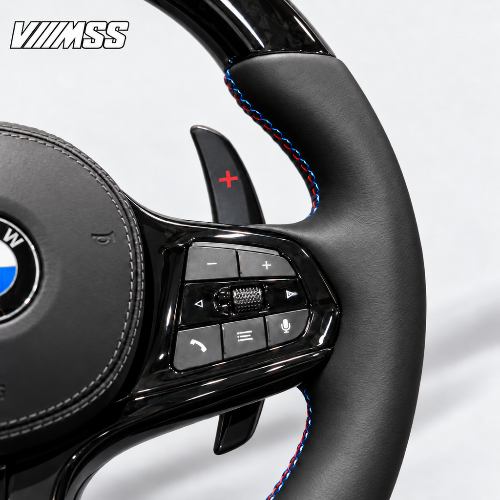 BMW G-Series Forged Carbon & Leather — M Stripe Steering Wheel — Grip, stitching and right control detail; VMSS studio close-up