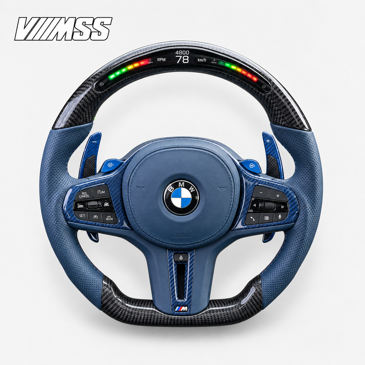 BMW G-Series Blue Leather & Carbon Fibre LED Steering Wheel — VMSS studio photograph, view 1