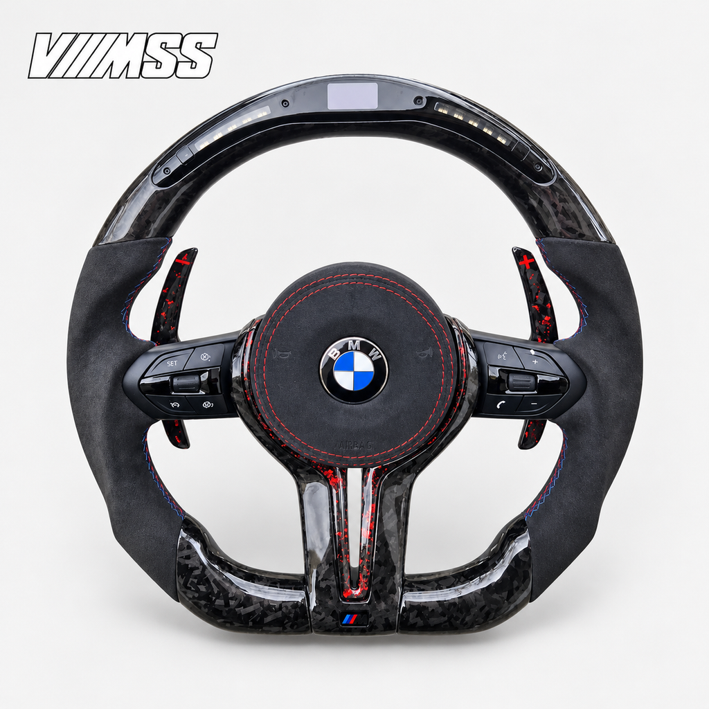 BMW F-Series Forged Carbon & Alcantara LED Steering Wheel — VMSS studio photograph, view 1
