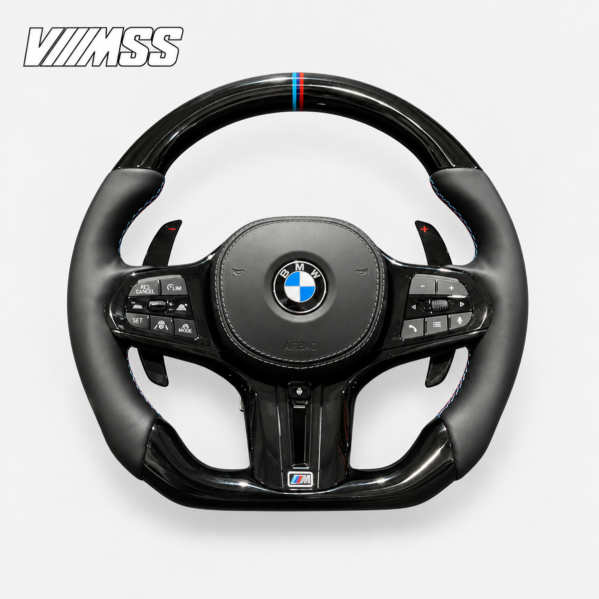 BMW G-Series Forged Carbon & Leather — M Stripe Steering Wheel — VMSS studio photograph, view 1