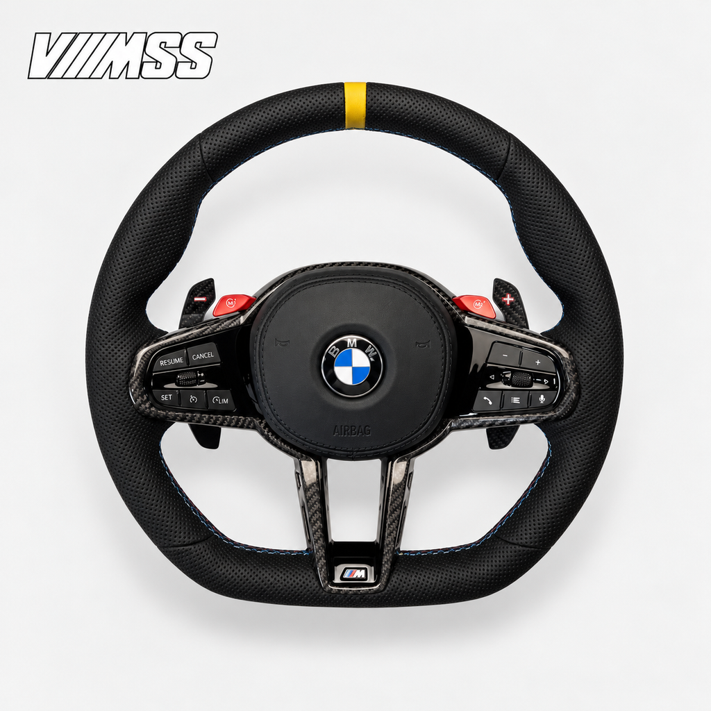 BMW G-Series Yellow-Stripe CS Perforated Leather Steering Wheel — VMSS studio photograph, view 1
