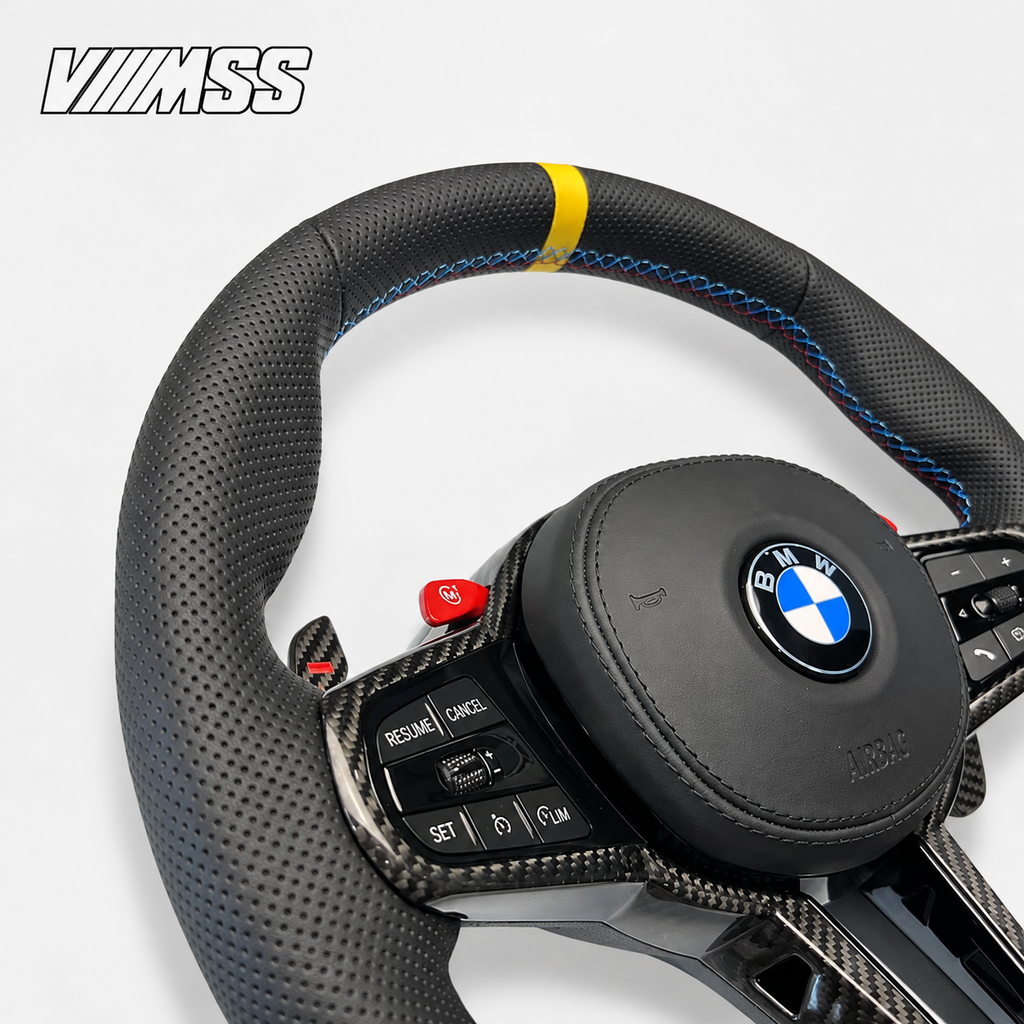 BMW G-Series Yellow-Stripe CS Perforated Leather Steering Wheel — VMSS studio photograph, view 2