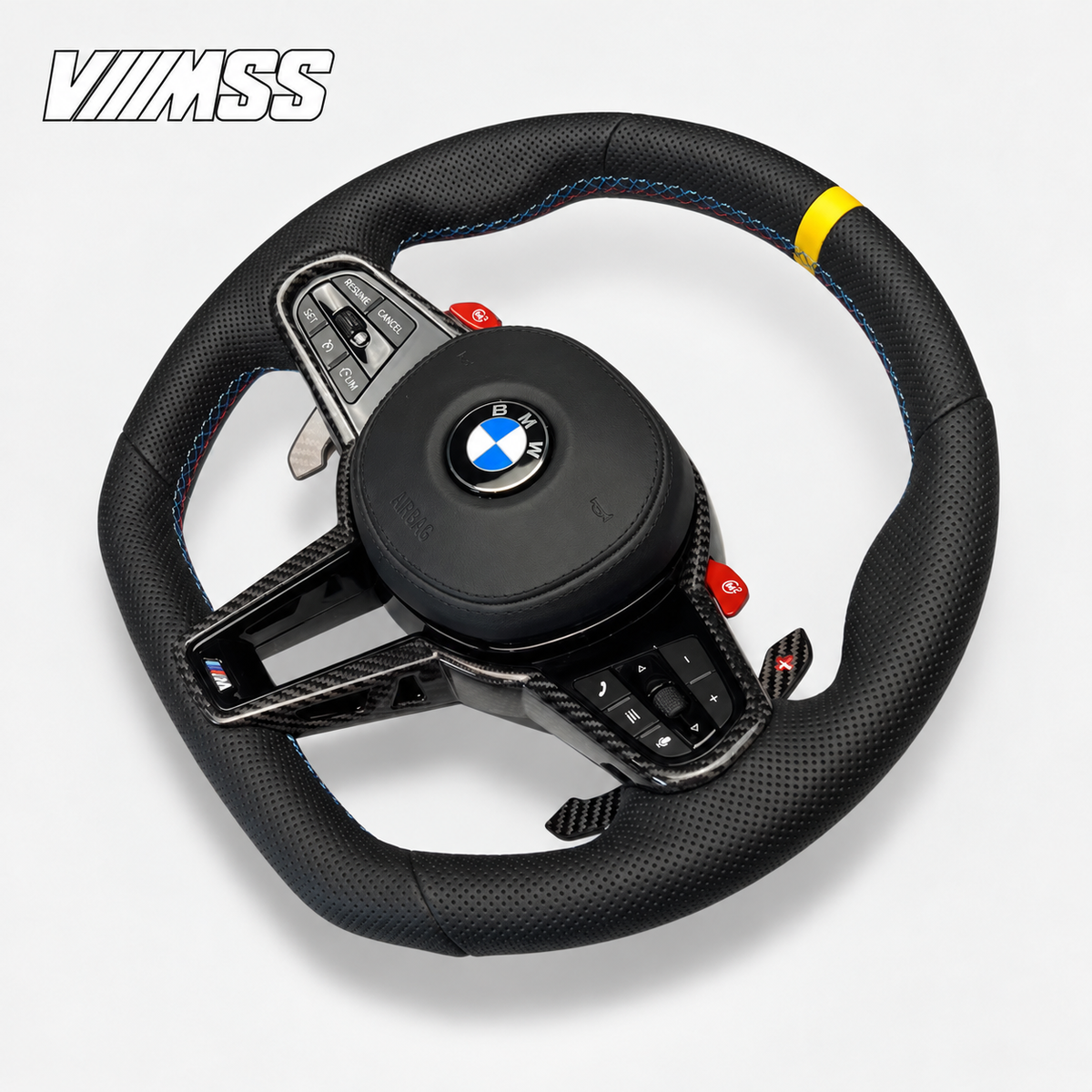 BMW G-Series Yellow-Stripe CS Perforated Leather Steering Wheel — VMSS studio photograph, view 3