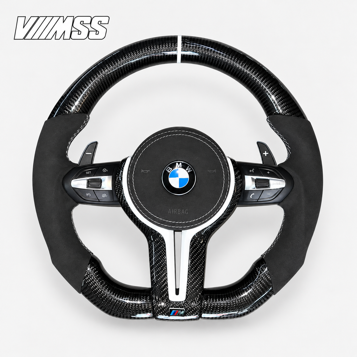 BMW F-Series White-Stripe Carbon Fibre & Alcantara Steering Wheel — VMSS studio photograph, view 1