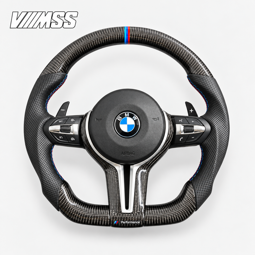 BMW F-Series M-Stripe Carbon Fibre & Perforated Leather — Round Steering Wheel — VMSS studio photograph, view 1