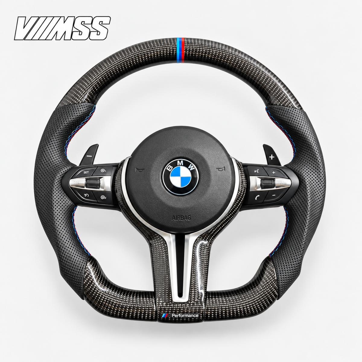 BMW F-Series M-Stripe Carbon Fibre & Perforated Leather — Round Steering Wheel — VMSS studio photograph, view 1