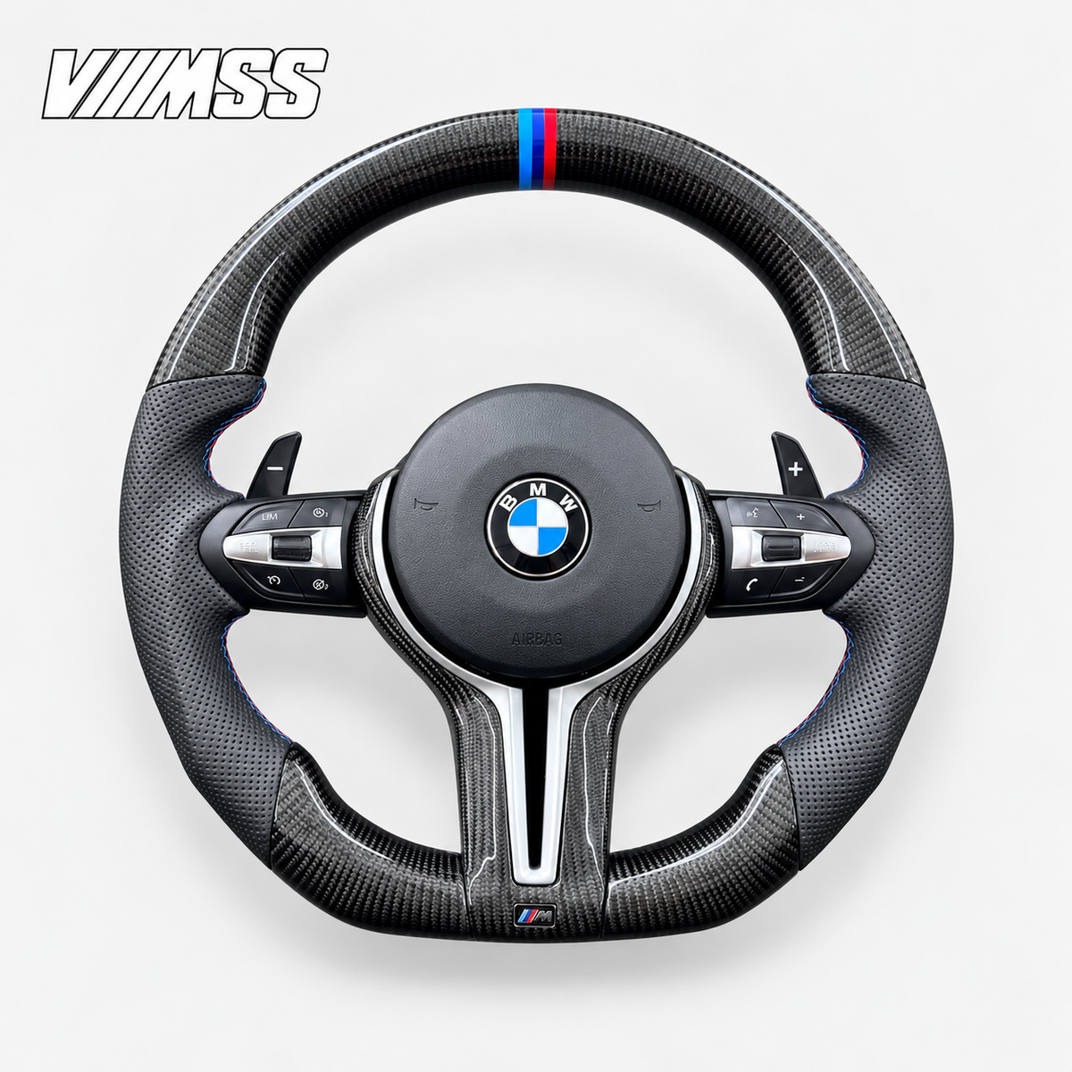 BMW F-Series M-Stripe Carbon Fibre & Perforated Leather — Round Steering Wheel — VMSS studio photograph, view 2