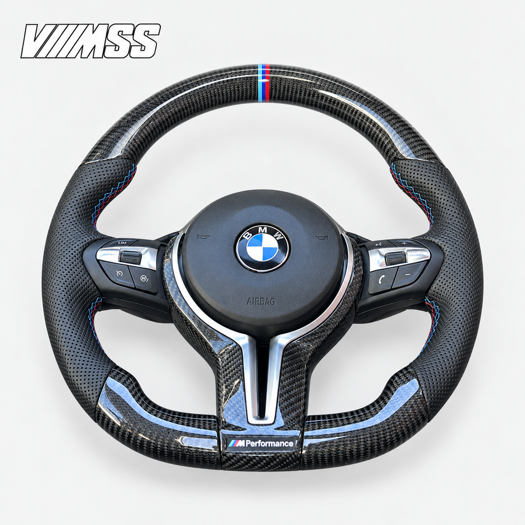 BMW F-Series M-Stripe Carbon Fibre & Perforated Leather — Round Steering Wheel — VMSS studio photograph, view 3