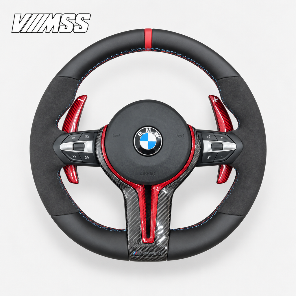 BMW F-Series Red-Stripe Leather & Alcantara — Carbon Trim Steering Wheel — VMSS studio photograph, view 1