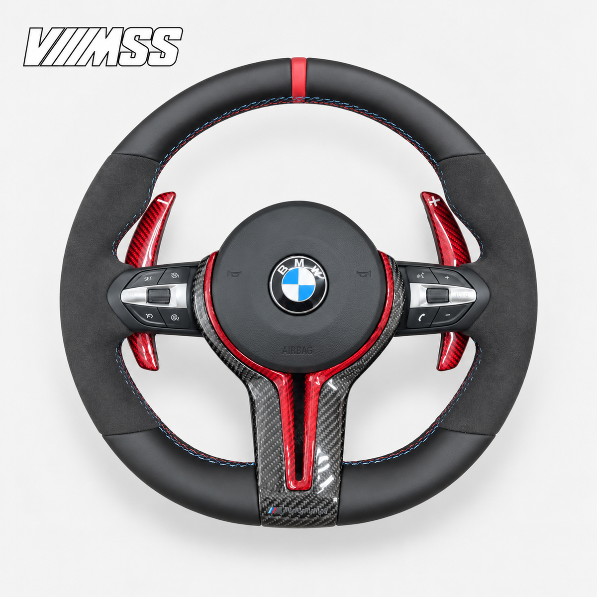 BMW F-Series Red-Stripe Leather & Alcantara — Carbon Trim Steering Wheel — VMSS studio photograph, view 1