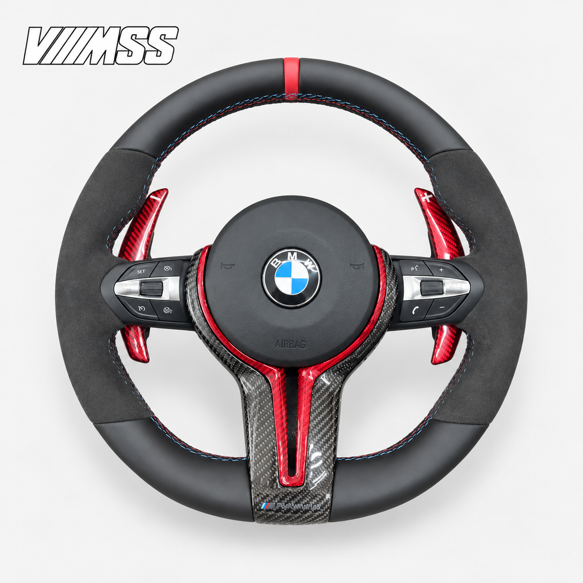 BMW F-Series Red-Stripe Leather & Alcantara — Carbon Trim Steering Wheel — VMSS studio photograph, view 2