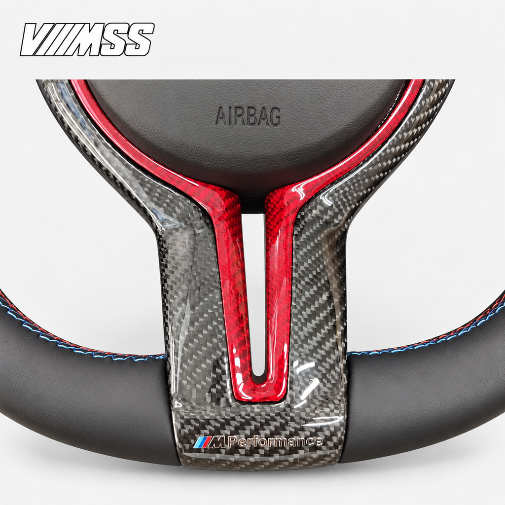 BMW F-Series Red-Stripe Leather & Alcantara — Carbon Trim Steering Wheel — VMSS studio photograph, view 3