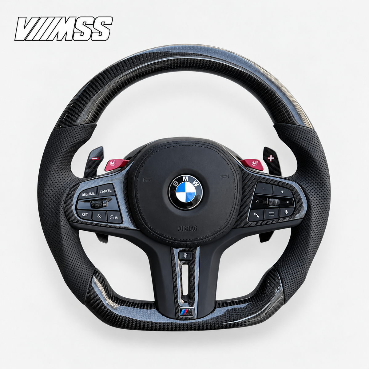 BMW G-Series Carbon Fibre & Perforated Leather Steering Wheel — VMSS studio photograph, view 2