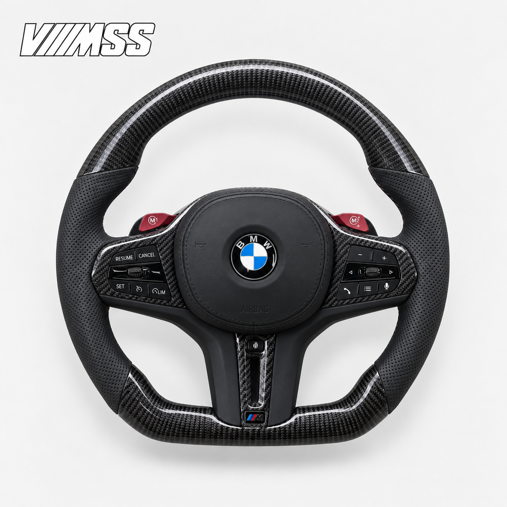 BMW G-Series Carbon Fibre & Perforated Leather Steering Wheel — VMSS studio photograph, view 1