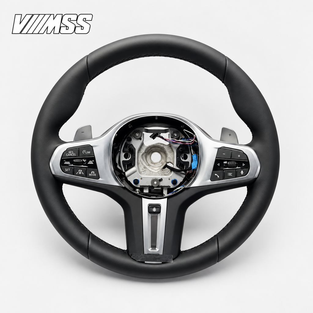 BMW G-Series Nappa Leather Sport — Silver Trim Steering Wheel — VMSS studio photograph, view 1