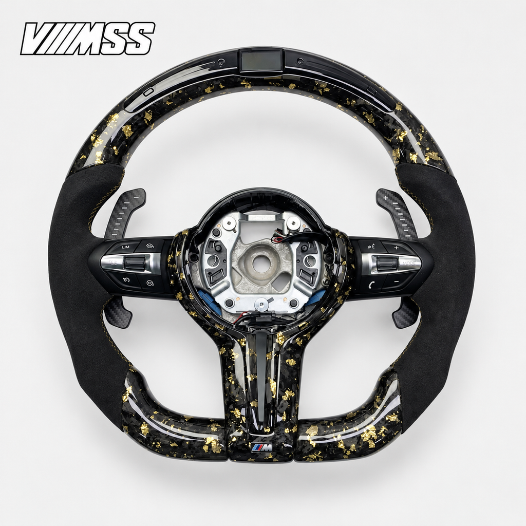 BMW F-Series Gold-Flake Forged Carbon & Alcantara LED Steering Wheel — VMSS studio photograph, view 1