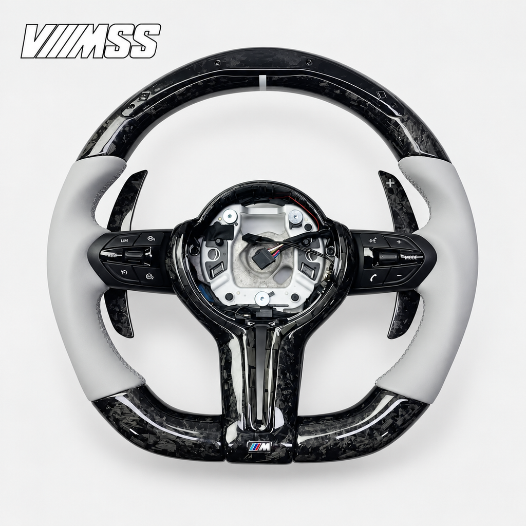 BMW F-Series Silver-Grey Leather & Forged Carbon LED Steering Wheel — VMSS studio photograph, view 1