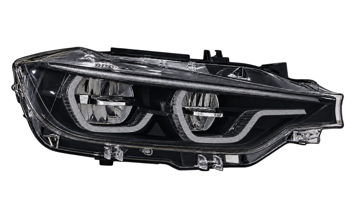 BMW F30 F31 Two Tone V3 M3 Style IKON headlight - lights off, black eyebrow trim with chrome bezels
