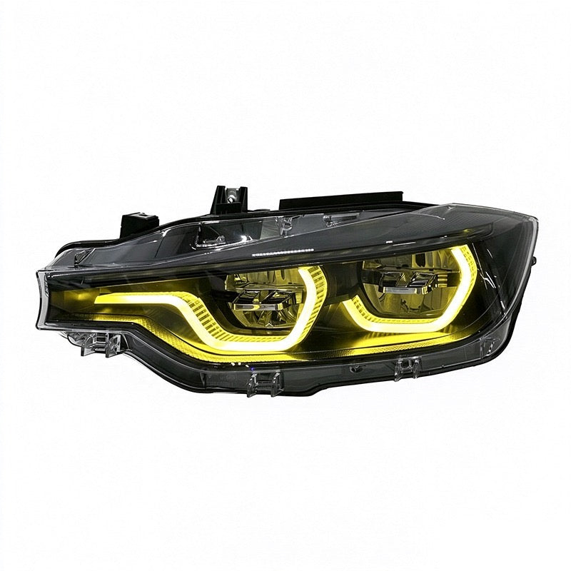 VMSS F30 F31 Two Tone V3 F80 M3-style IKON headlight with yellow DRLs, black eyebrow trim and chrome internal detailing
